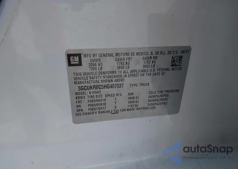 2017 Chevrolet Silverado 1500 1Lt from USA, damaged, VIN 3GCUKREC5HG407337